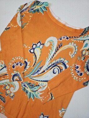 Joseph A. Vibrant Orange Multi-Color Paisley Boatneck Sweater Small